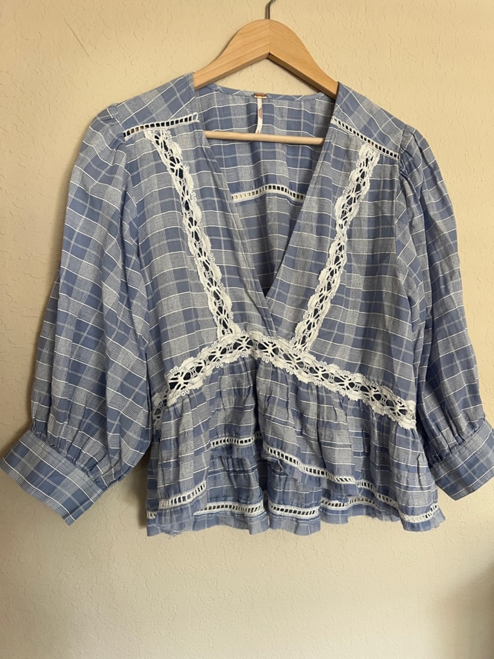 Free People Blue Plaid Lace-Trim Blouse Size S